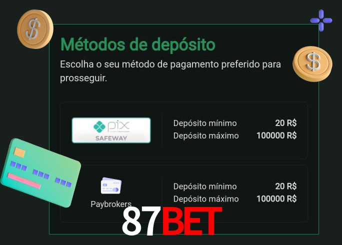 O cassino 87Bet oferece uma grande variedade de métodos de pagamento